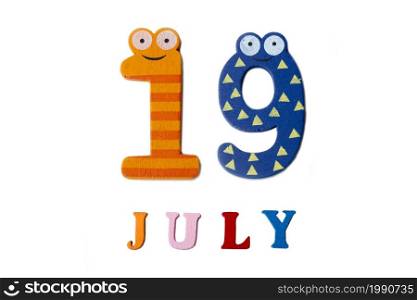 July 19. Image of July 19 on white background. Summer day.. July 19. Image of July 19 on white background.