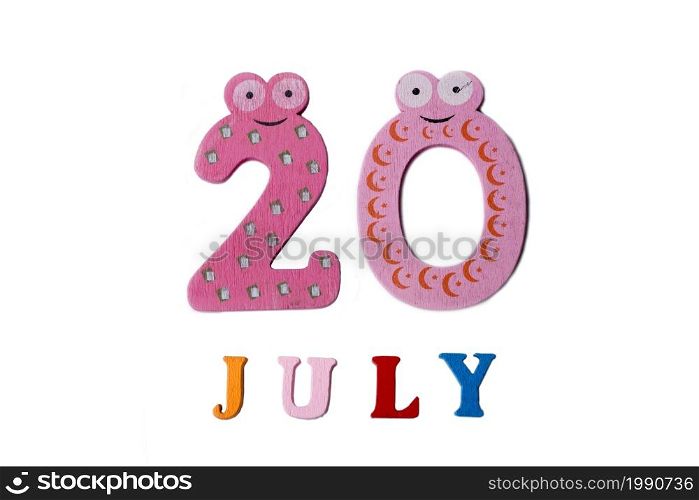 July 20. Image of July 20 on white background. Summer day.. July 20. Image of July 20 on white background.