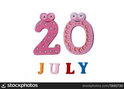 July 20. Image of July 20 on white background. Summer day.. July 20. Image of July 20 on white background.
