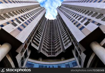 July / 28 / 2019 : Bangkok ThailandLow angle view of skyscrapers. Looking up perspective. Bottom view of modern skyscrapers