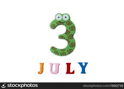 July 3. Image of July 3 on white background. Summer day. Blank space for text. July 3. Image of July 3 on white background. Summer day.