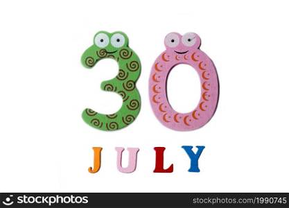 July 30. Image of July 30 on white background. Summer day.. July 30. Image of July 30 on white background.