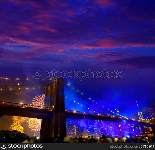 July 4th 2014 fireworks at Brooklyn bridge Manhattan skyline New York USA