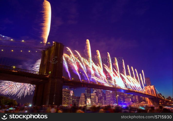 July 4th 2014 fireworks at Brooklyn bridge Manhattan skyline New York USA