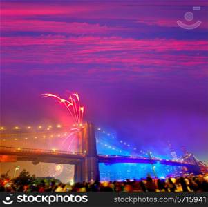 July 4th 2014 fireworks at Brooklyn bridge Manhattan skyline New York USA