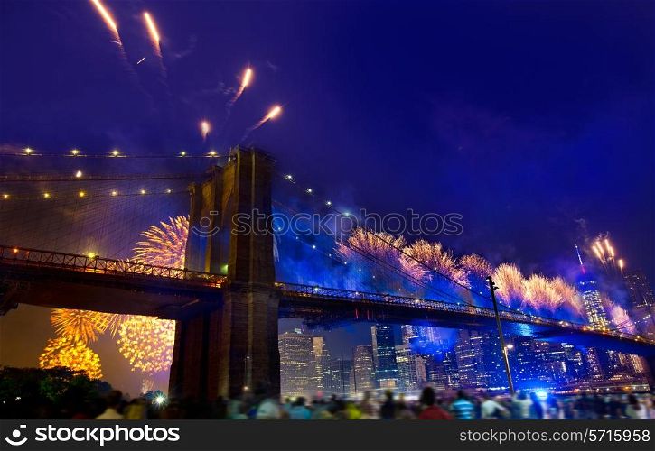July 4th 2014 fireworks at Brooklyn bridge Manhattan skyline New York USA