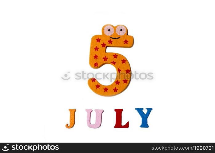 July 5. Image of July 5 on white background. Summer day. Blank space for text. July 5. Image of July 5 on white background. Summer day.