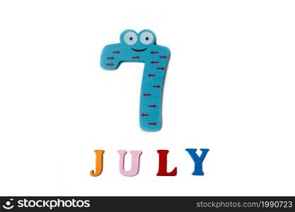 July 7. Image 7 of July on a white background. Summer day. Blank space for text. July 7. Image 7 of July on a white background. Summer day.