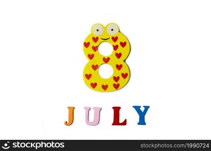 July 8th. Image of July 8 on white background. Summer day. Blank space for text. July 8th. Image of July 8 on white background. Summer day.