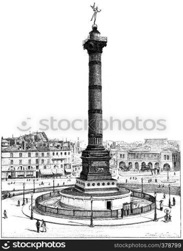 July Column and Place de la Bastille, vintage engraved illustration. Paris - Auguste VITU ? 1890.