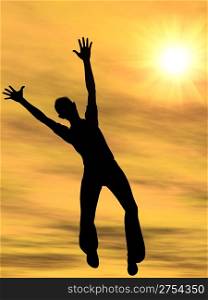 Jump victory. A silhouette of the person on a background of the sky. Expression - a victory