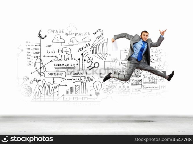 Jumping businessman. Image of businessman in jump against sketch background