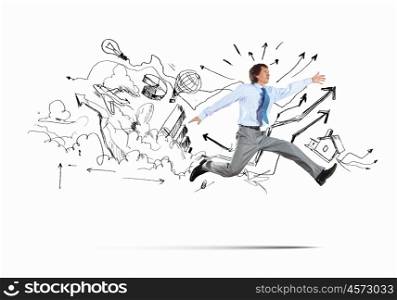 Jumping businessman. Image of businessman in jump against sketch background