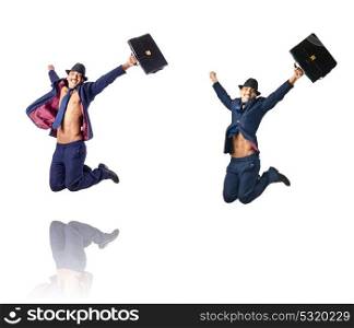 Jumping businessman isolated on white