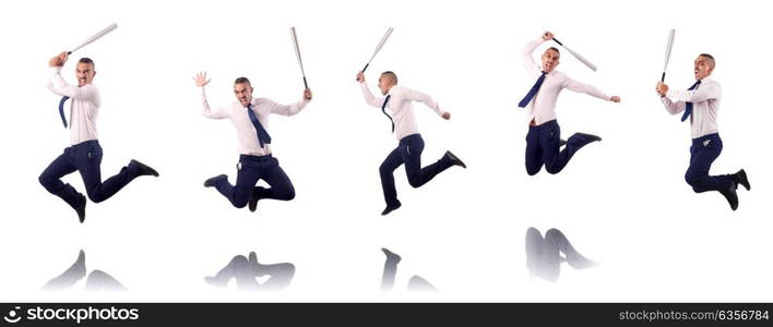 Jumping businessman with baseball bat