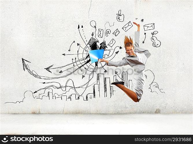 Jumping businesswoman