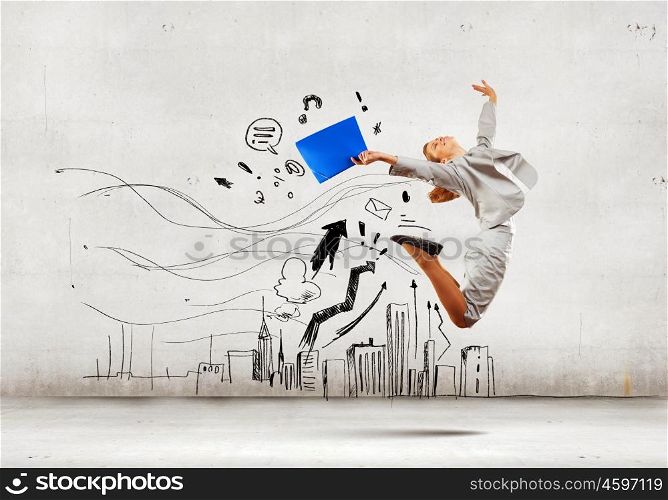 Jumping businesswoman. Image of businesswoman in jump against sketch background