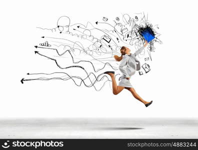 Jumping businesswoman. Image of businesswoman in jump against sketch background