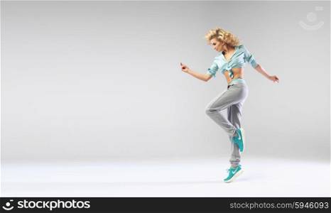 Jumping cheerful and attractive woman