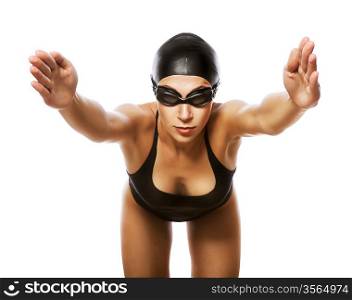 jumping swimmer in black swimsuit on white background