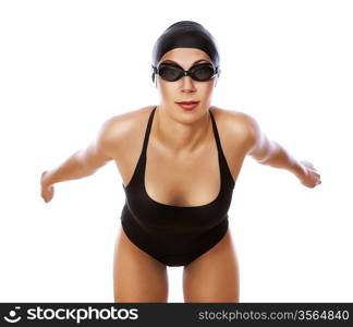 jumping swimmer in swimsuit on white background