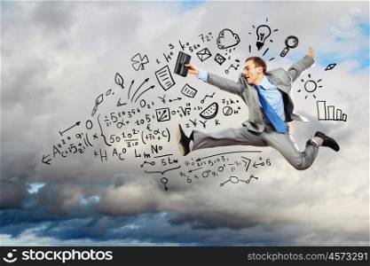 Jumping young businessman. Image of jumping young businessman. Business collage