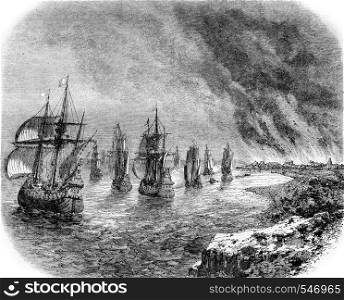June 1667, The Dutch fleet Sheerness fire in the Thames, vintage engraved illustration. Magasin Pittoresque 1861.