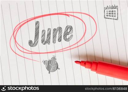 June note with a red brush circle on paper