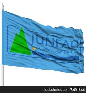 Juneau Flag on Flagpole, Capital of Alaska State, Flying in the Wind, Isolated on White Background