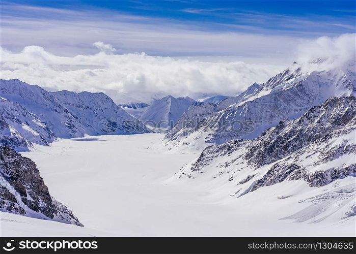 Jungfraujoch - Aletsch Glacier/Fletsch Glacier. Panorama view of the Alps mountains from the view of Jungfraujoch station, Switzerland