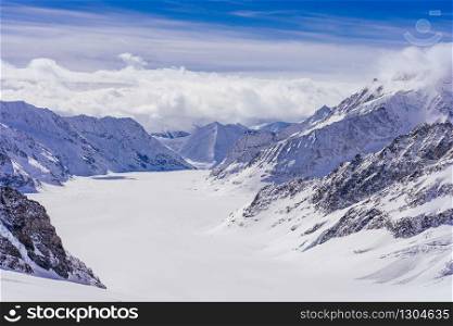 Jungfraujoch - Aletsch Glacier/Fletsch Glacier. Panorama view of the Alps mountains from the view of Jungfraujoch station, Switzerland