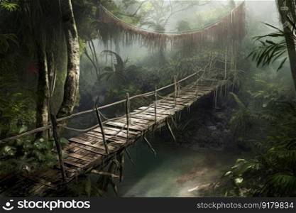 Jungle bridge after rain. Nature park. Generate Ai. Jungle bridge after rain. Generate Ai