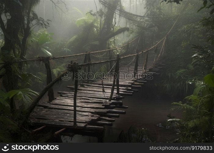 Jungle forest bridge. Nature landscape. Generate Ai. Jungle forest bridge. Generate Ai