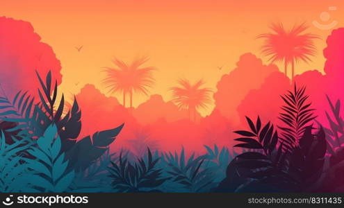 Jungle motifs summer tropical design illustration background with bold colors, gradients, palm leaves and copy space. AI Generative content