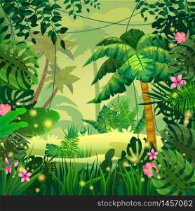 Jungle tropical forest palms different exotic plants leaves, flowers, lianas, rainforest background. Jungle tropical forest palms different exotic plants leaves, flowers, lianas, flora, rainforest landscape background. For design game, apps, banners, prints. Vector illustration isolated