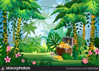 Jungle tropical island Treasure Pirate chest full of gold coins gems crown sword. Jungle tropical island Treasure Pirate chest full of gold coins gems crown sword. Forest palms different exotic plants leaves, flowers, lianas, flora, rainforest landscape background. For design game, apps, banners, prints. Vector illustration isolated
