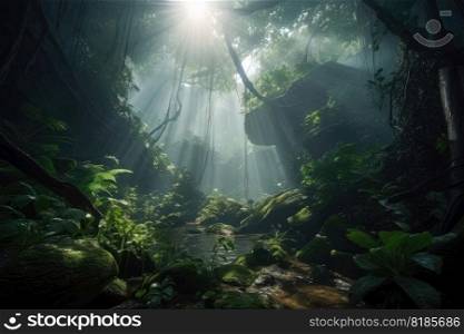 Jungle with light rays coming from above created with generative AI technology