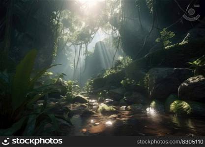 Jungle with light rays coming from above created with generative AI technology