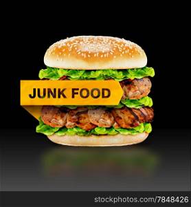 Junk Food, burger with warning message on black background with clipping path.