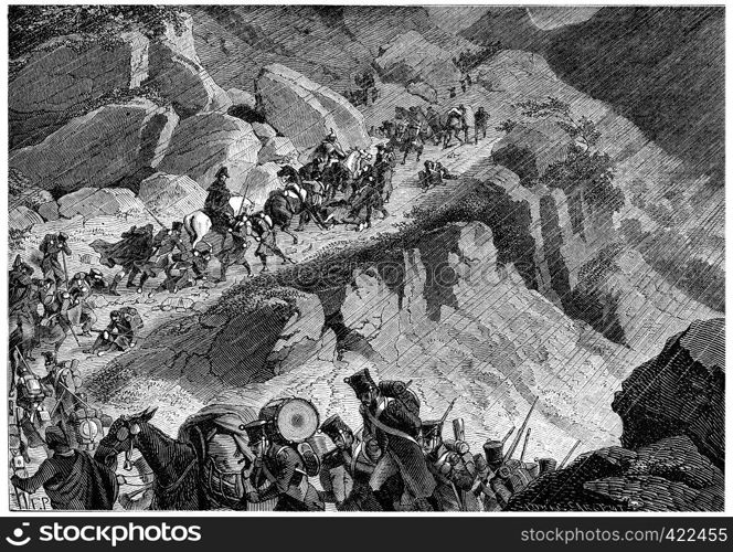 Junot's troops in the mountains of Northern Spain, vintage engraved illustration. History of France ? 1885.
