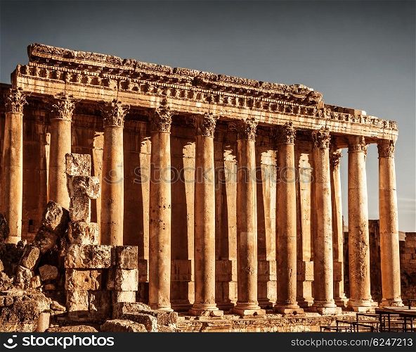 Jupiter&rsquo;s temple ancient Roman columns, Baalbek, Lebanon, aged arabic castle, world famous landmark, historical monument, travel concept