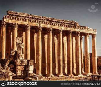 Jupiter&rsquo;s temple ancient Roman columns, Baalbek, Lebanon, aged arabic castle, world famous landmark, historical monument, travel concept