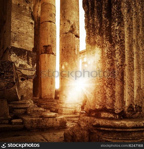 Jupiter&rsquo;s temple Baalbek, Lebanon, ancient arabian architecture, ruins of aged castle, religious building in bright sun light, grunge vintage photo