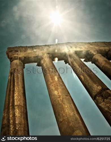 Jupiter&rsquo;s temple Baalbek, Lebanon, ancient city ruins, retro grunge style picture with bright sun light