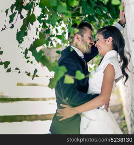 Just married couple together in urban background