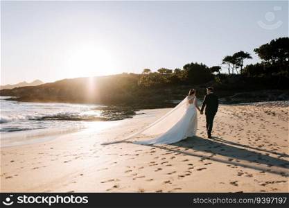 Just married couple walking on a beach at sunset