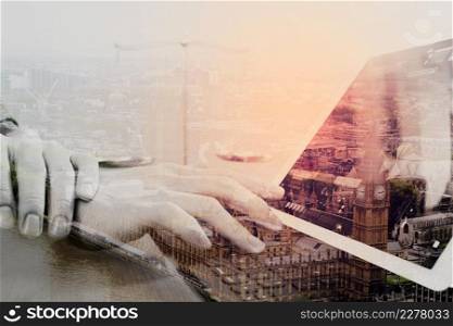 justice and law concept.Male lawyer in office with the balance brass scale,hand working with smart phone and digital tablet computer on wooden desk with london city background,double exposure