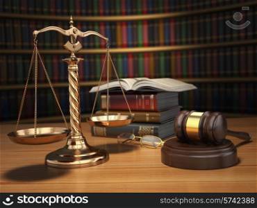Justice concept. Gavel, golden scales and books in the library with dof effect. 3d