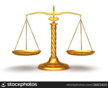 Justice concept. Gold scales on white isolated background. 3d