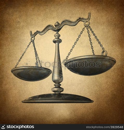 Justice scale with grunge texture as a symbol of law on a vintage parchment texture as a concept for the old legal system in government and society and enforcing historic rights and regulations.